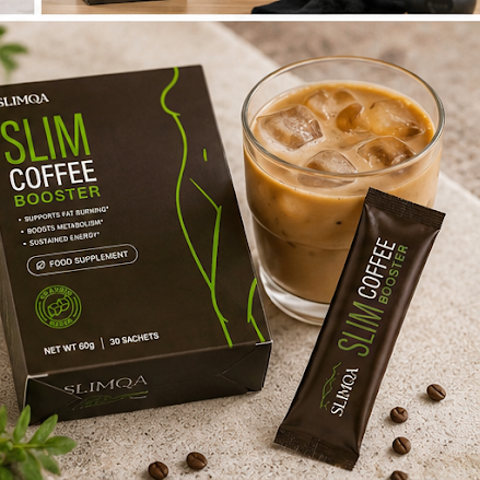 Slimqa box with an iced coffee glass and a Slimqa sachet on a marble counter