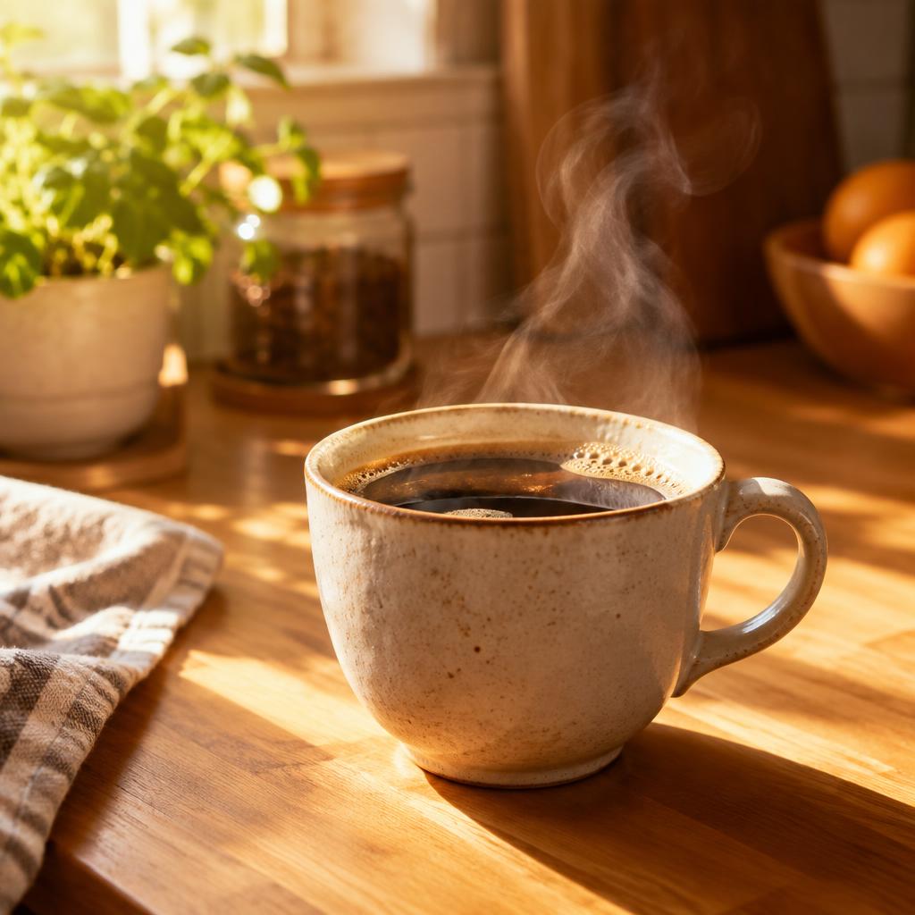 A steaming cup of coffee on a sunlit wooden kitchen counter